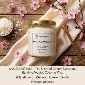DazzleDeep Sakura Royale scented candle in premium glass jar with soy coconut wax blend and gold lid.