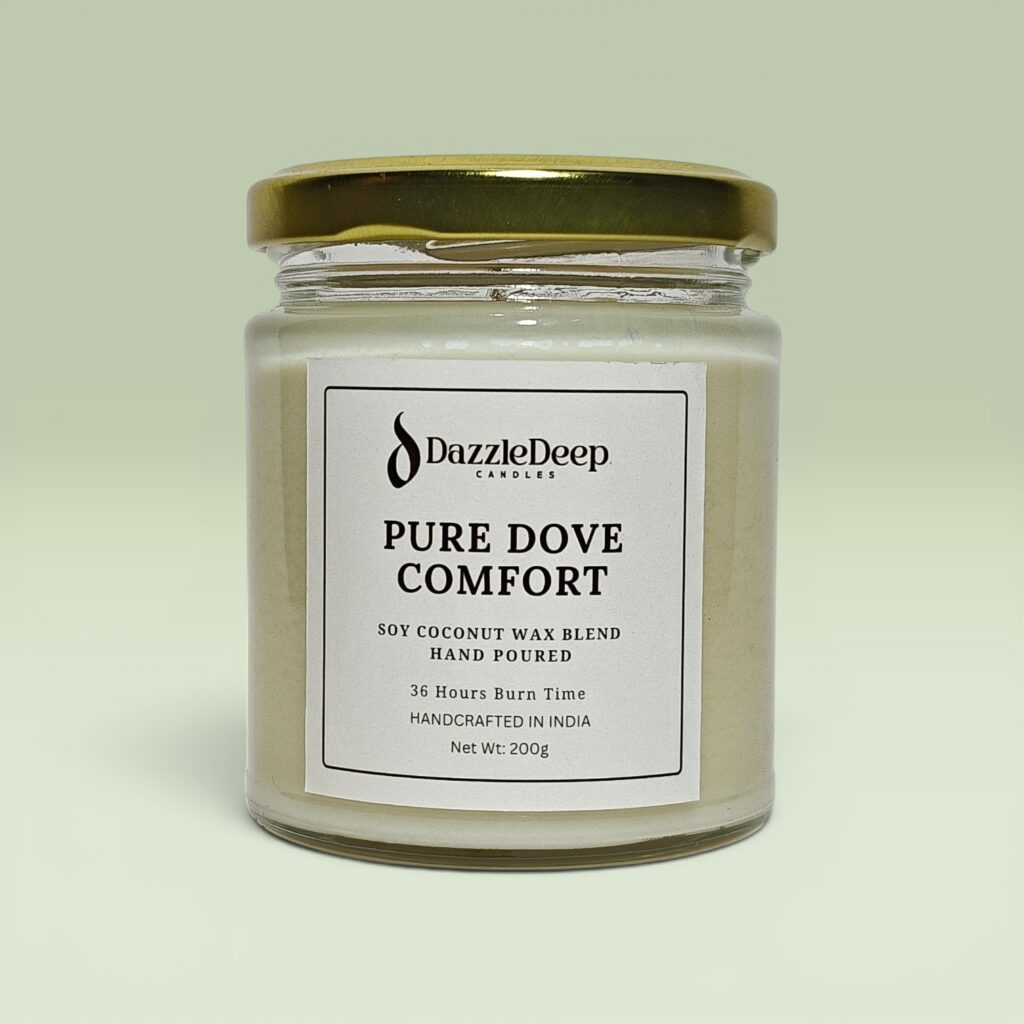 DazzleDeep Pure Dove Comfort scented candle in premium glass jar with soy coconut wax blend and gold lid.