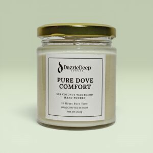 DazzleDeep Pure Dove Comfort scented candle in premium glass jar with soy coconut wax blend and gold lid.