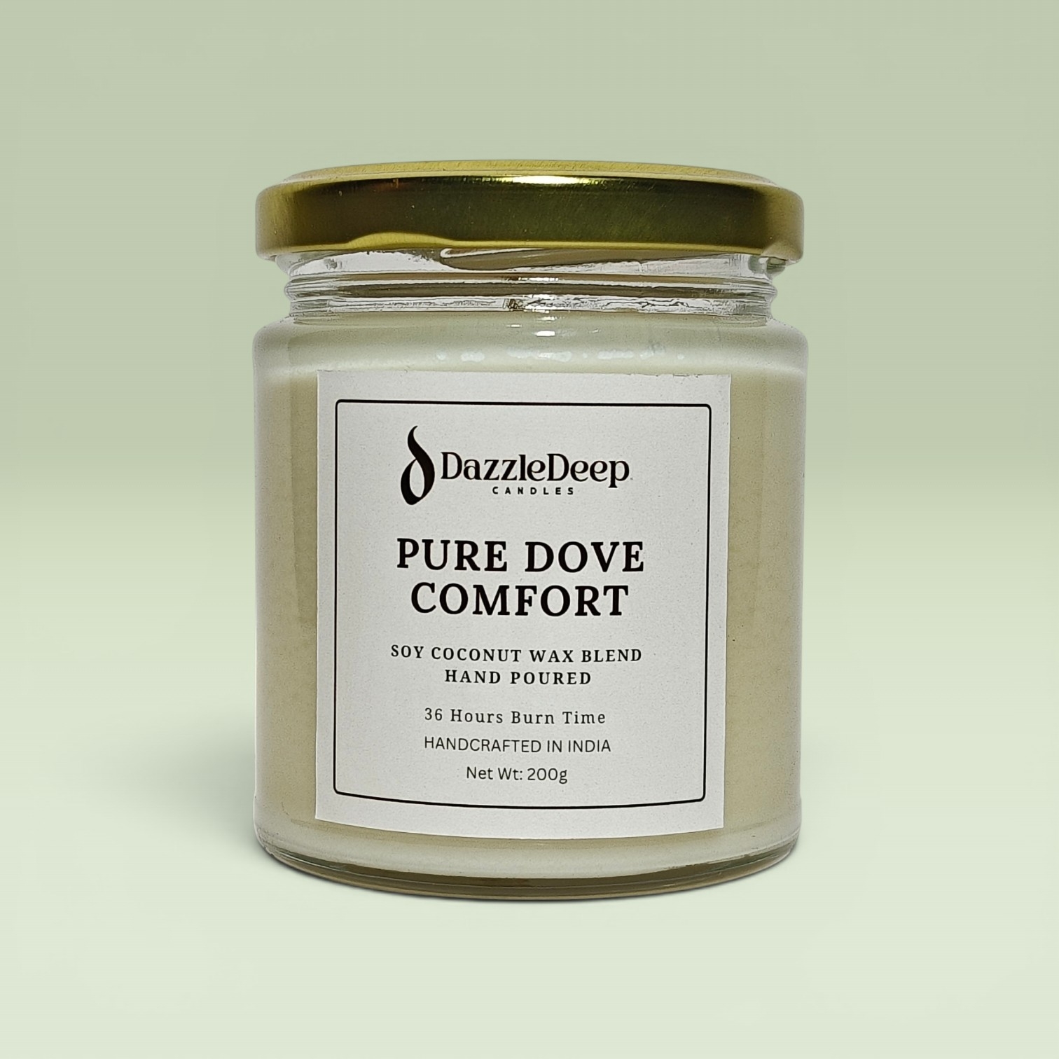 DazzleDeep Pure Dove Comfort scented candle in premium glass jar with soy coconut wax blend and gold lid.