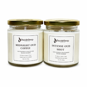 DazzleDeep Luxury Scented Candle Combo (Pack of 2) – Midnight Oud Coffee & Intense Oud Shot | Soy Coconut Wax | 36H Burn | Handcrafted in India